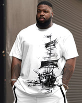 Simple Pen And Ink Sailboat Print T-shirt Shorts Suit Men's Plus Size